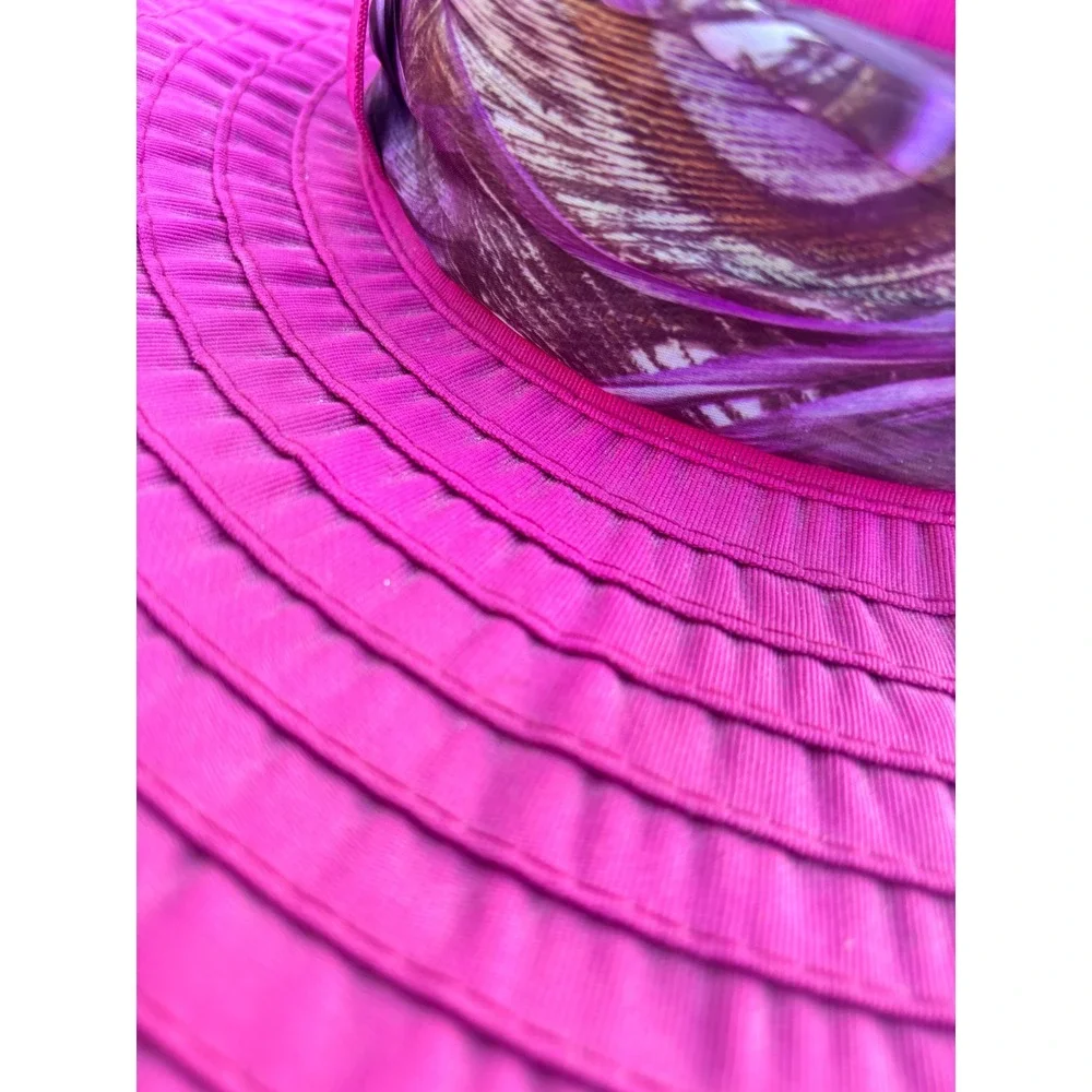 Wide Brim Grosgrain‎ Sun Hat Scala Fuchsia Pink Peacock Scarf